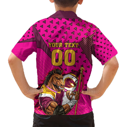 Custom Rugby Broncos Kid Hawaiian Shirt Muscular Horse Mascot With Flag In Pink