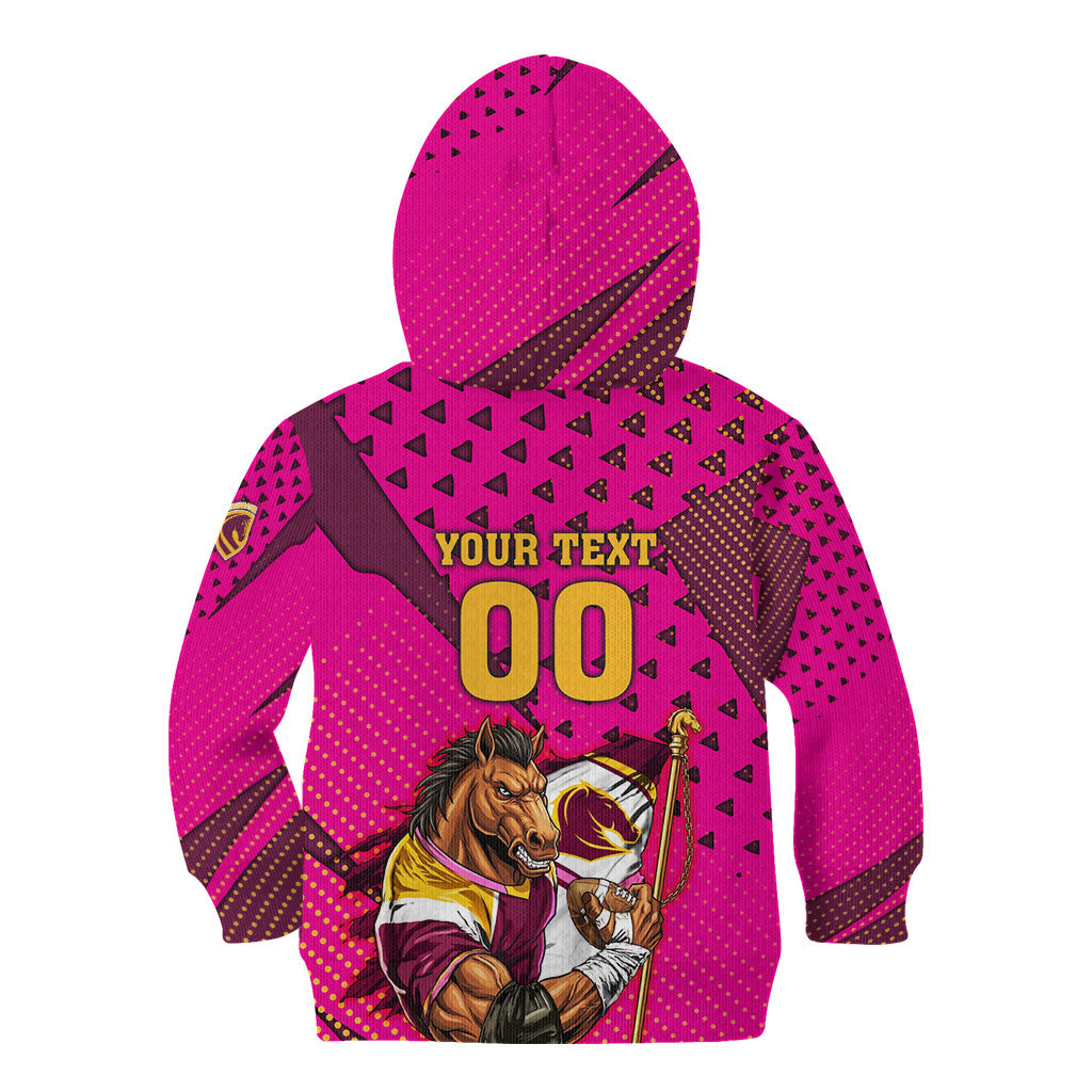 Custom Rugby Broncos Kid Hoodie Muscular Horse Mascot With Flag In Pink