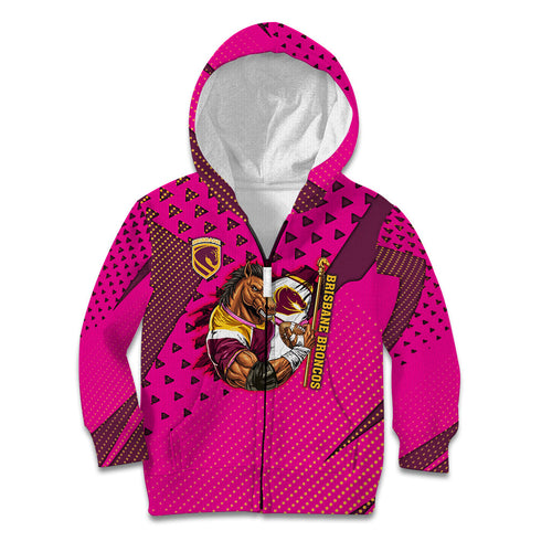 Custom Rugby Broncos Kid Hoodie Muscular Horse Mascot With Flag In Pink