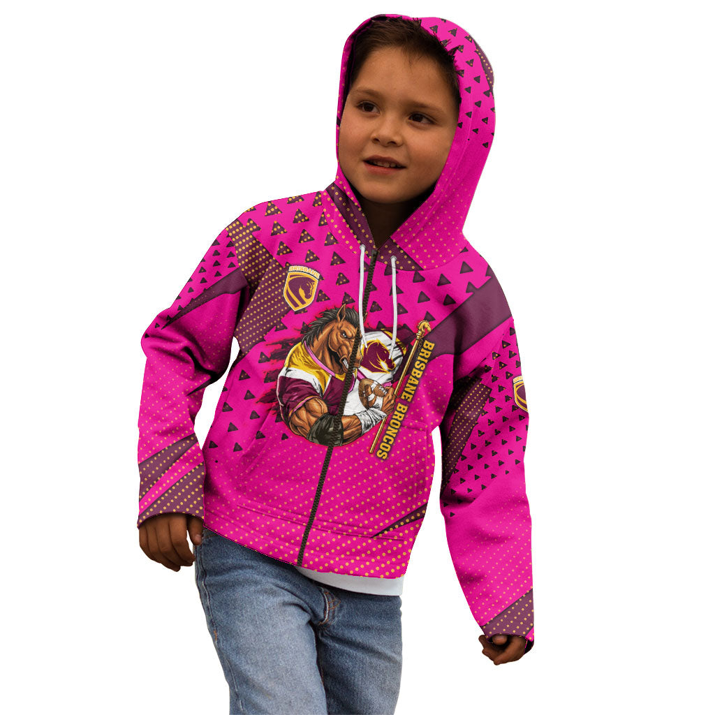 Custom Rugby Broncos Kid Hoodie Muscular Horse Mascot With Flag In Pink