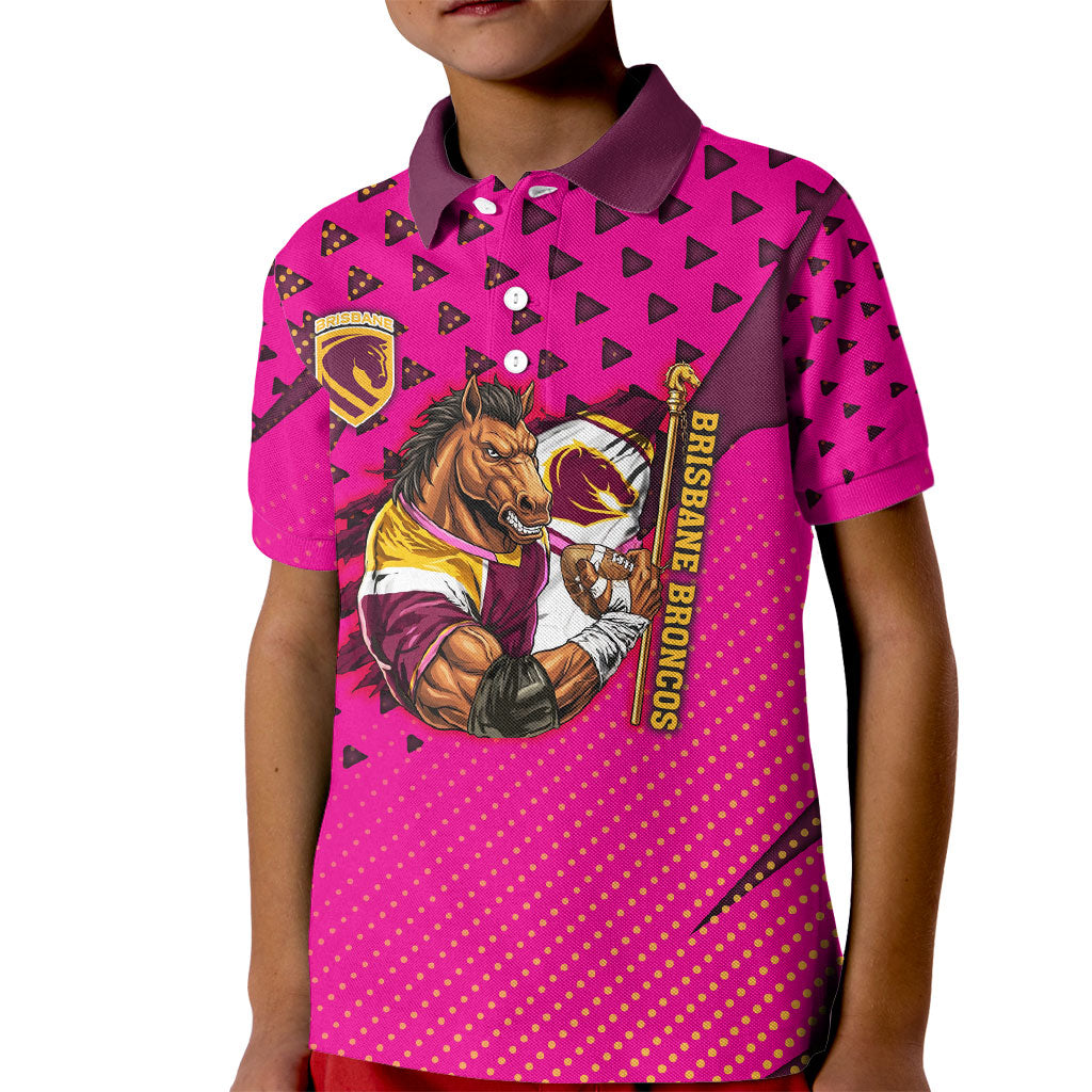 Custom Rugby Broncos Kid Polo Shirt Muscular Horse Mascot With Flag In Pink