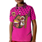 Custom Rugby Broncos Kid Polo Shirt Muscular Horse Mascot With Flag In Pink