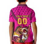 Custom Rugby Broncos Kid Polo Shirt Muscular Horse Mascot With Flag In Pink