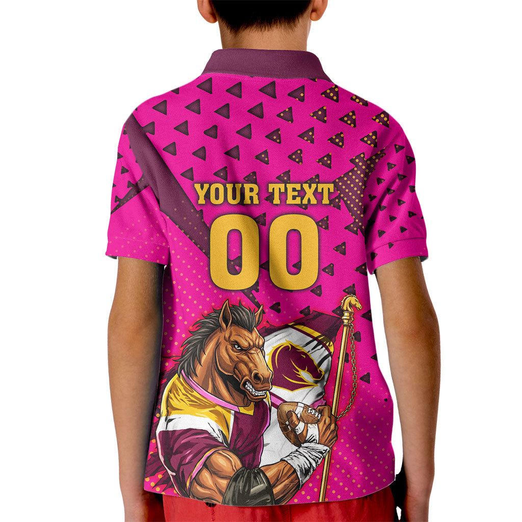 Custom Rugby Broncos Kid Polo Shirt Muscular Horse Mascot With Flag In Pink