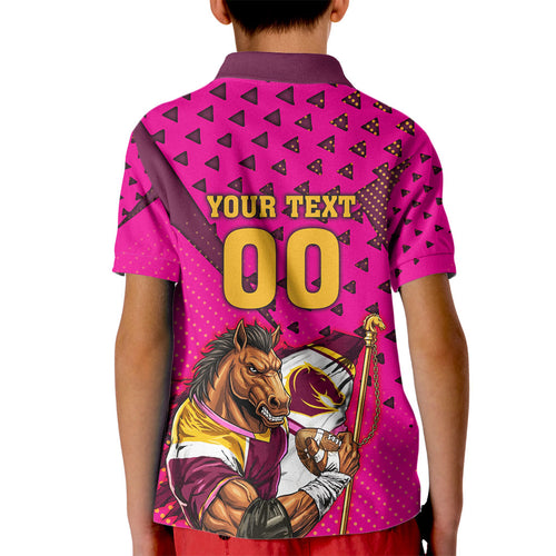 Custom Rugby Broncos Kid Polo Shirt Muscular Horse Mascot With Flag In Pink