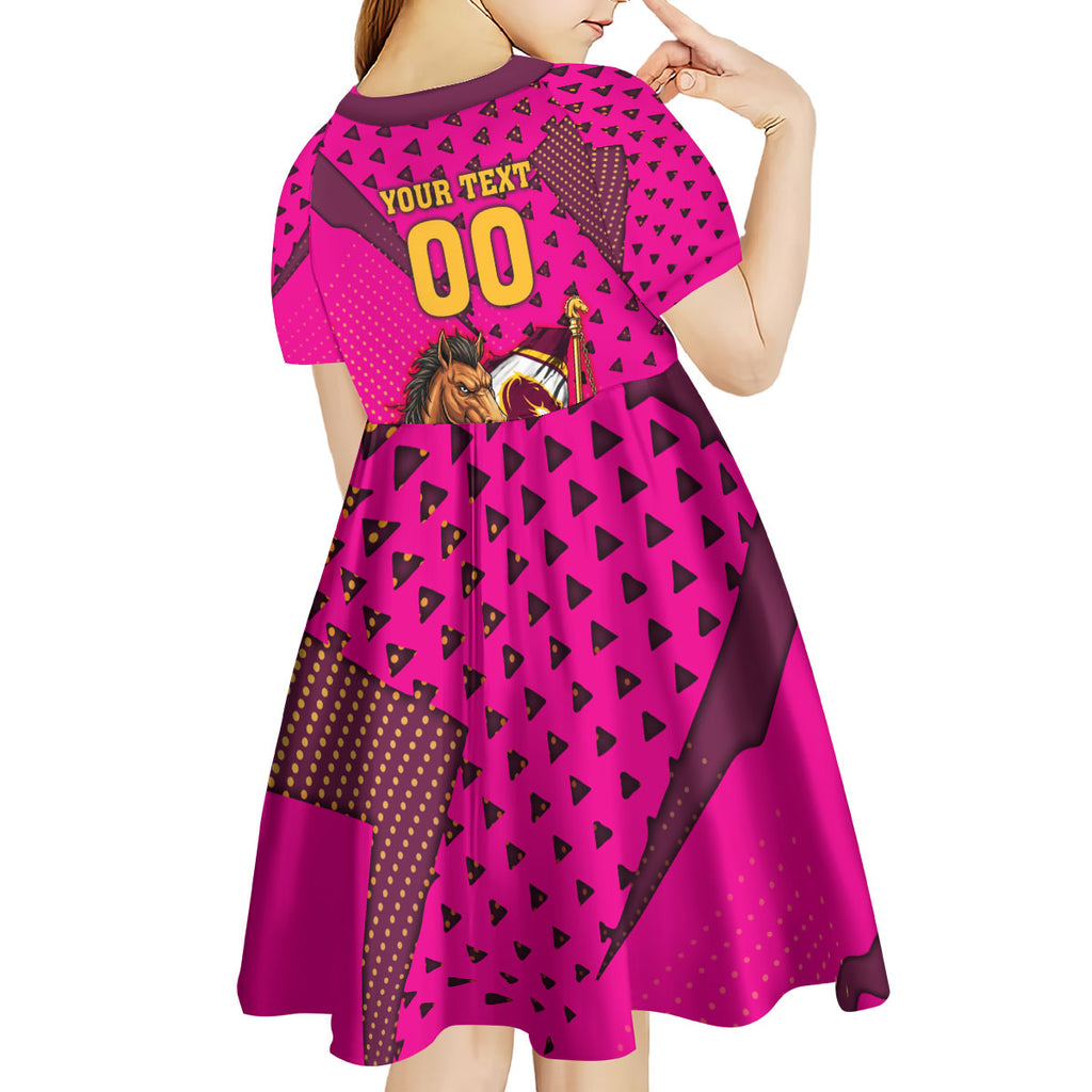 Custom Rugby Broncos Kid Short Sleeve Dress Muscular Horse Mascot With Flag In Pink