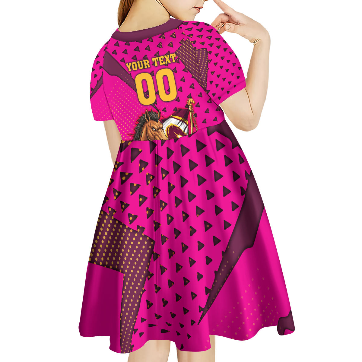 Custom Rugby Broncos Kid Short Sleeve Dress Muscular Horse Mascot With Flag In Pink