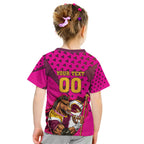 Custom Rugby Broncos Kid T Shirt Muscular Horse Mascot With Flag In Pink