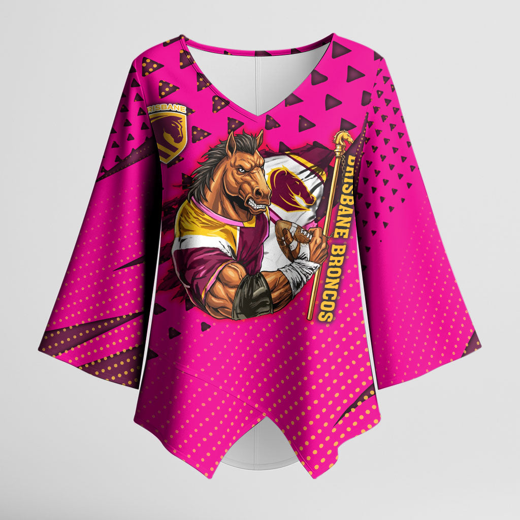 Custom Rugby Broncos Kimono Sleeve Blouse Muscular Horse Mascot With Flag In Pink