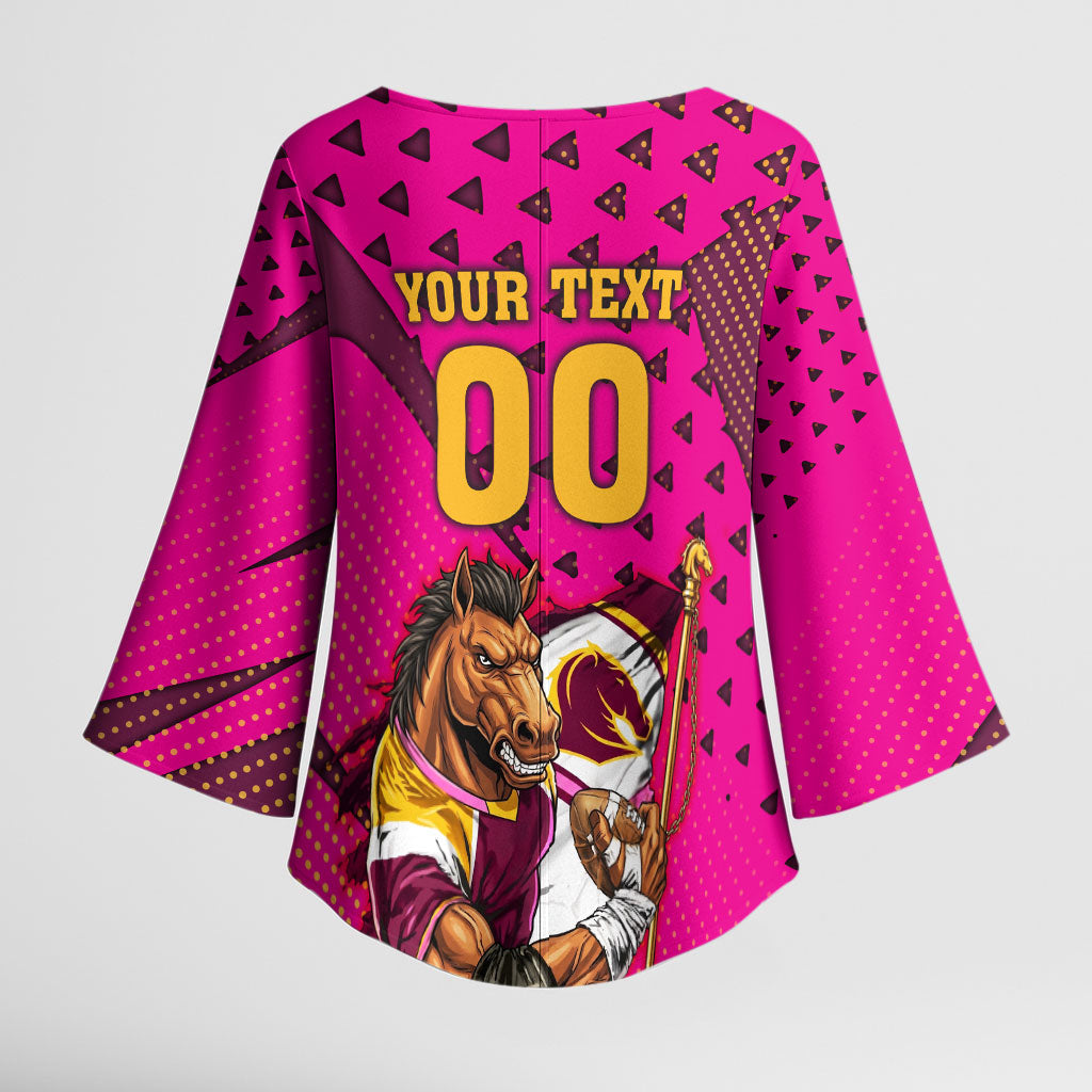 Custom Rugby Broncos Kimono Sleeve Blouse Muscular Horse Mascot With Flag In Pink