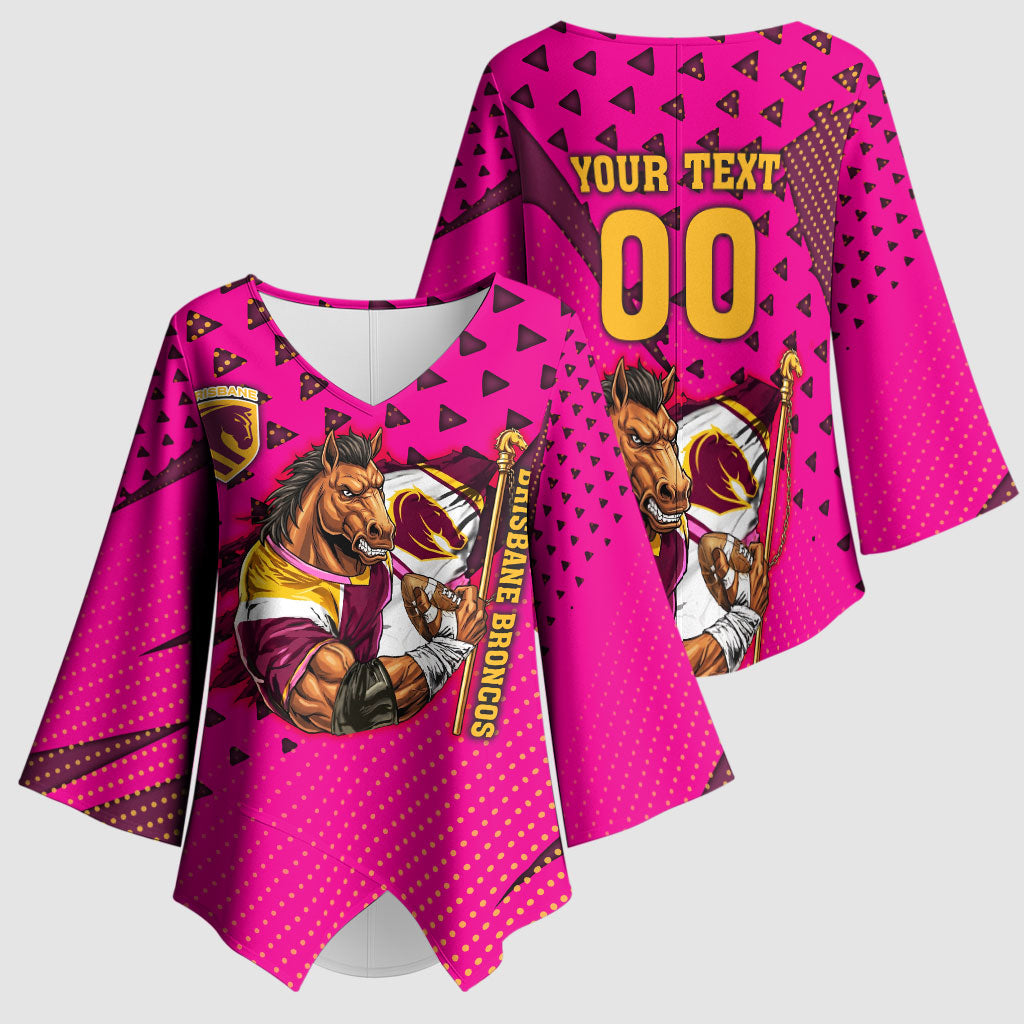 Custom Rugby Broncos Kimono Sleeve Blouse Muscular Horse Mascot With Flag In Pink