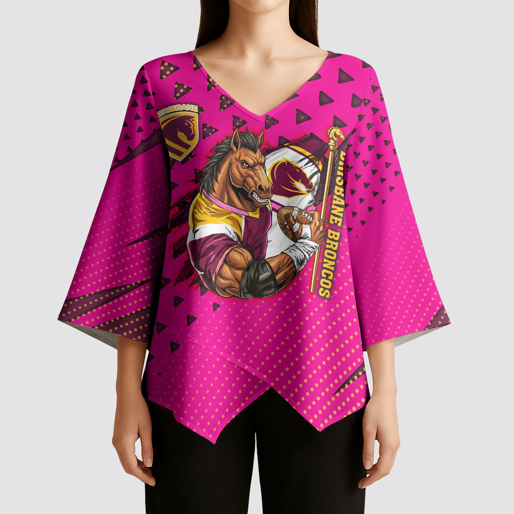 Custom Rugby Broncos Kimono Sleeve Blouse Muscular Horse Mascot With Flag In Pink