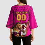 Custom Rugby Broncos Kimono Sleeve Blouse Muscular Horse Mascot With Flag In Pink
