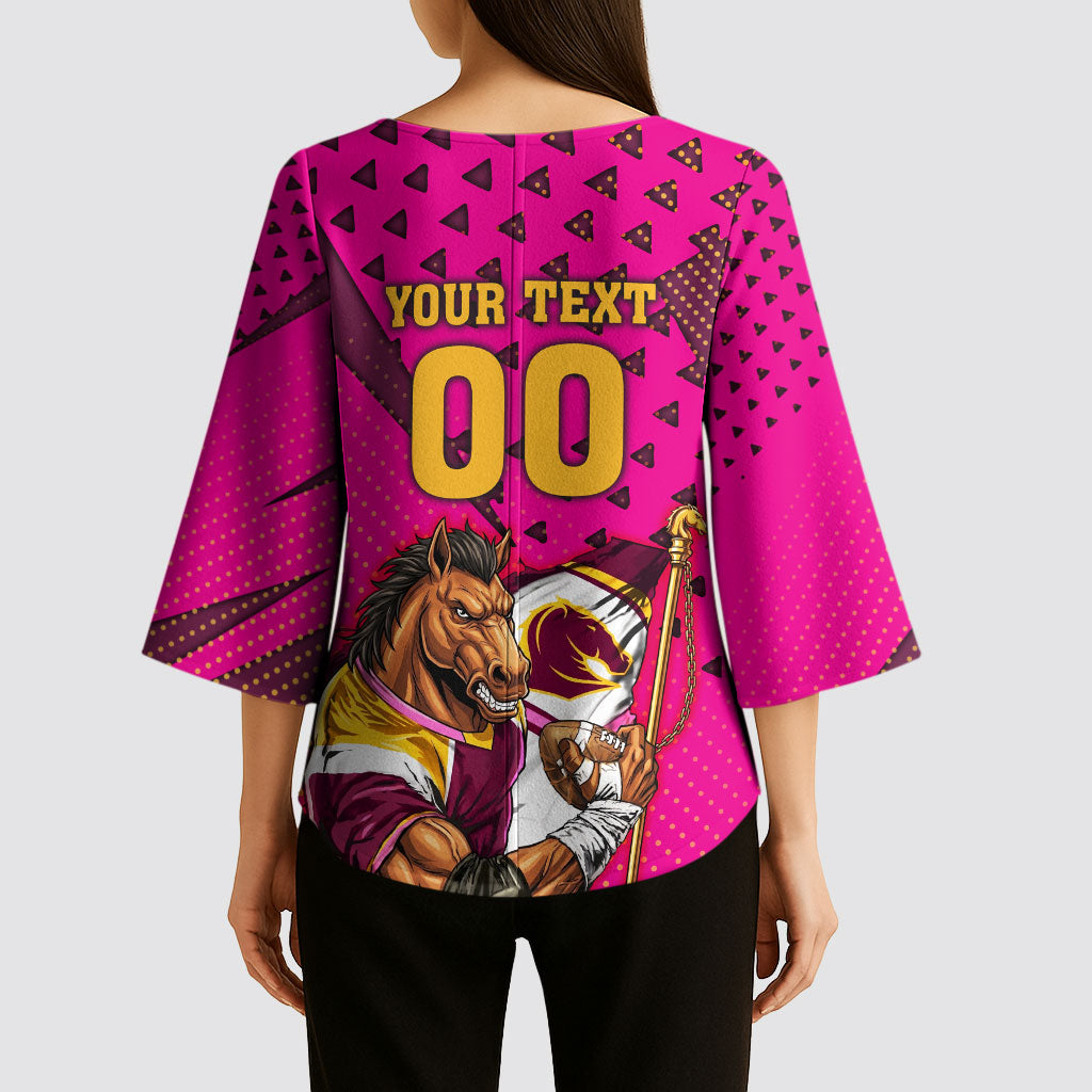 Custom Rugby Broncos Kimono Sleeve Blouse Muscular Horse Mascot With Flag In Pink