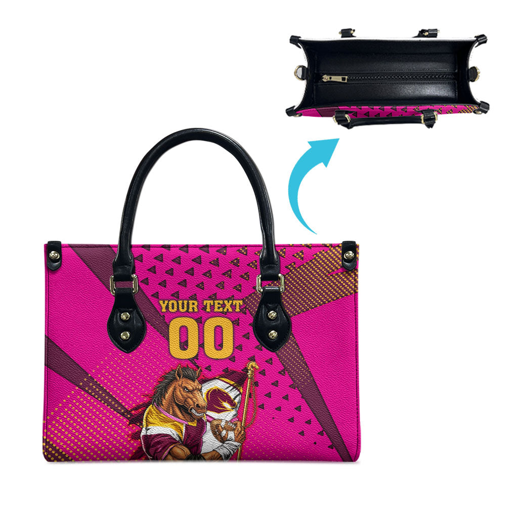 Custom Rugby Broncos Leather Bag Muscular Horse Mascot With Flag In Pink
