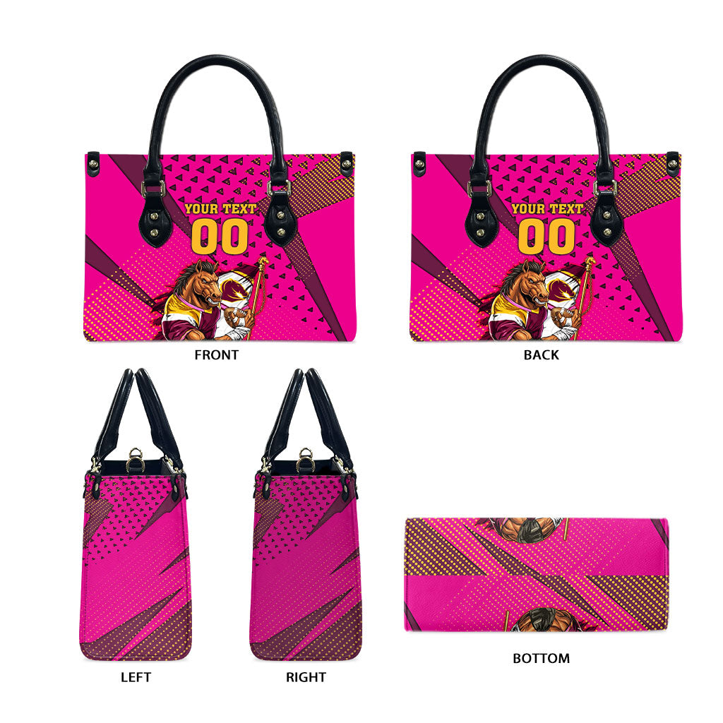 Custom Rugby Broncos Leather Bag Muscular Horse Mascot With Flag In Pink