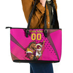 Custom Rugby Broncos Leather Tote Bag Muscular Horse Mascot With Flag In Pink
