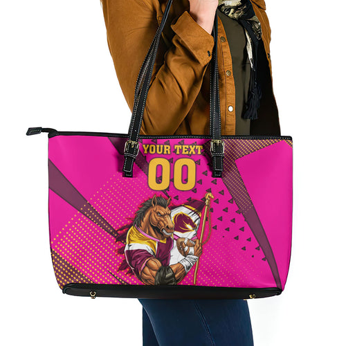 Custom Rugby Broncos Leather Tote Bag Muscular Horse Mascot With Flag In Pink