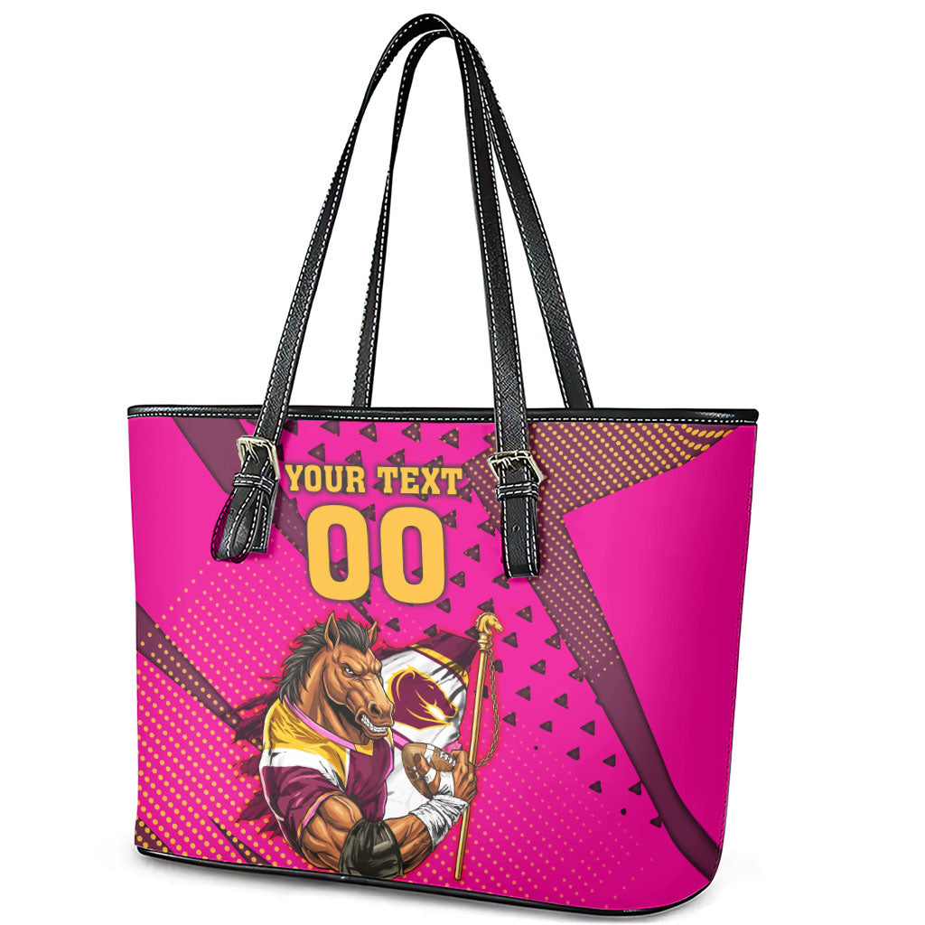Custom Rugby Broncos Leather Tote Bag Muscular Horse Mascot With Flag In Pink