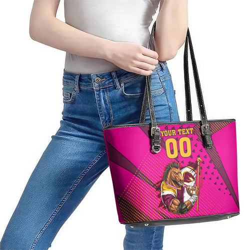 Custom Rugby Broncos Leather Tote Bag Muscular Horse Mascot With Flag In Pink