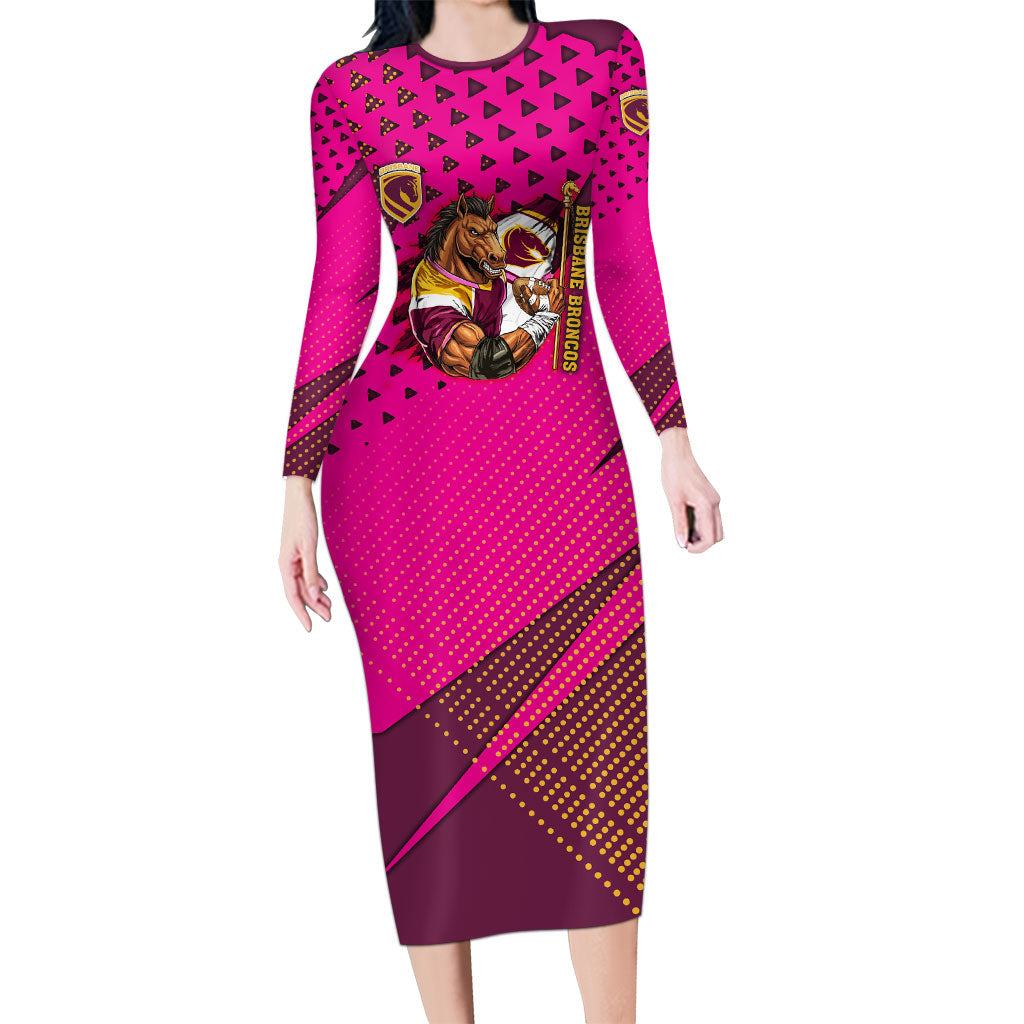 Custom Rugby Broncos Long Sleeve Bodycon Dress Muscular Horse Mascot With Flag In Pink
