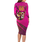 Custom Rugby Broncos Long Sleeve Bodycon Dress Muscular Horse Mascot With Flag In Pink