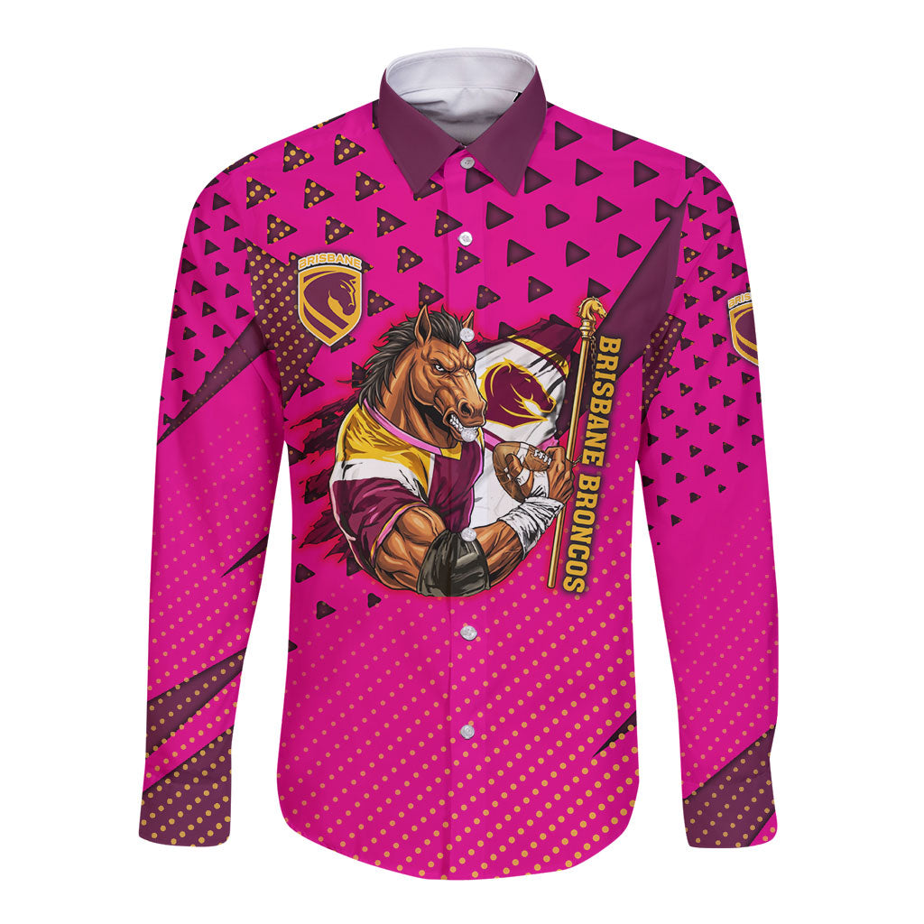 Custom Rugby Broncos Long Sleeve Button Shirt Muscular Horse Mascot With Flag In Pink