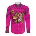 Custom Rugby Broncos Long Sleeve Button Shirt Muscular Horse Mascot With Flag In Pink