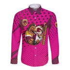 Custom Rugby Broncos Long Sleeve Button Shirt Muscular Horse Mascot With Flag In Pink