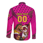 Custom Rugby Broncos Long Sleeve Button Shirt Muscular Horse Mascot With Flag In Pink