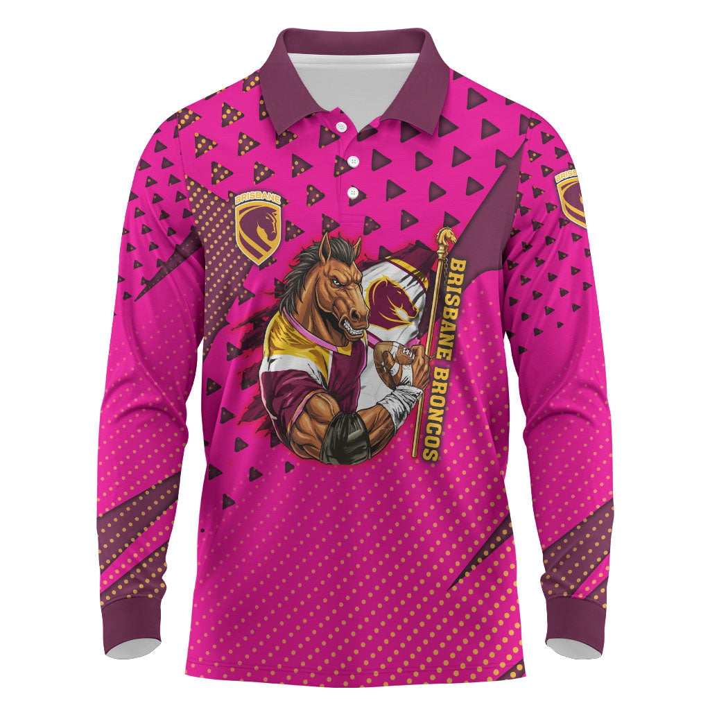 Custom Rugby Broncos Long Sleeve Polo Shirt Muscular Horse Mascot With Flag In Pink