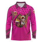 Custom Rugby Broncos Long Sleeve Polo Shirt Muscular Horse Mascot With Flag In Pink