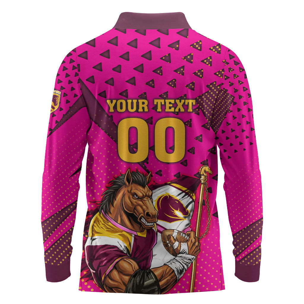 Custom Rugby Broncos Long Sleeve Polo Shirt Muscular Horse Mascot With Flag In Pink