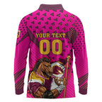Custom Rugby Broncos Long Sleeve Polo Shirt Muscular Horse Mascot With Flag In Pink
