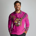 Custom Rugby Broncos Long Sleeve Polo Shirt Muscular Horse Mascot With Flag In Pink