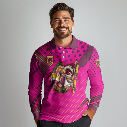 Custom Rugby Broncos Long Sleeve Polo Shirt Muscular Horse Mascot With Flag In Pink