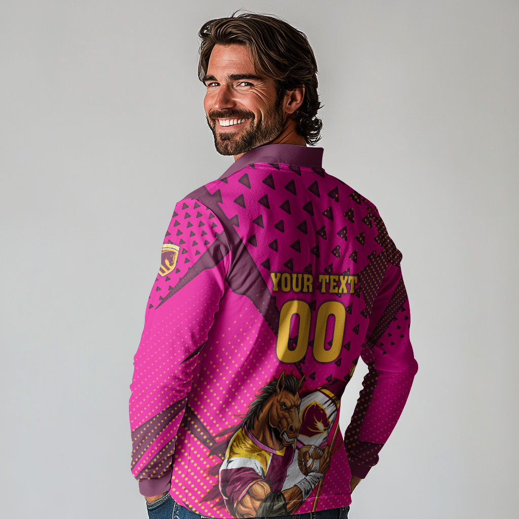 Custom Rugby Broncos Long Sleeve Polo Shirt Muscular Horse Mascot With Flag In Pink