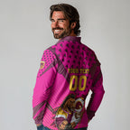Custom Rugby Broncos Long Sleeve Polo Shirt Muscular Horse Mascot With Flag In Pink