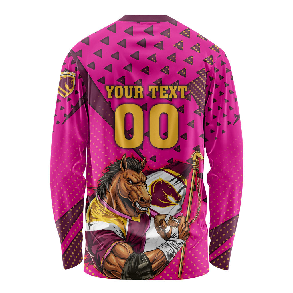 Custom Rugby Broncos Long Sleeve Shirt Muscular Horse Mascot With Flag In Pink