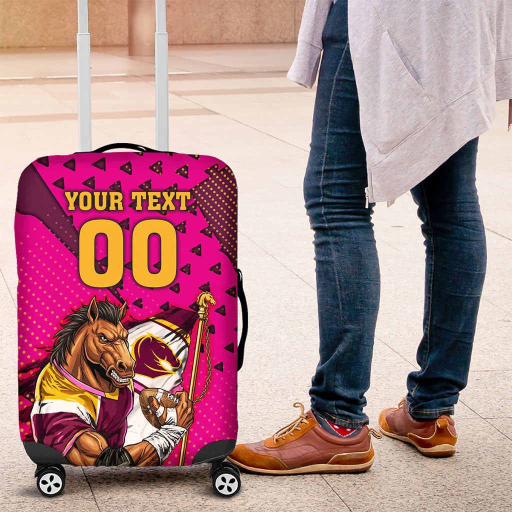 Custom Rugby Broncos Luggage Cover Muscular Horse Mascot With Flag In Pink