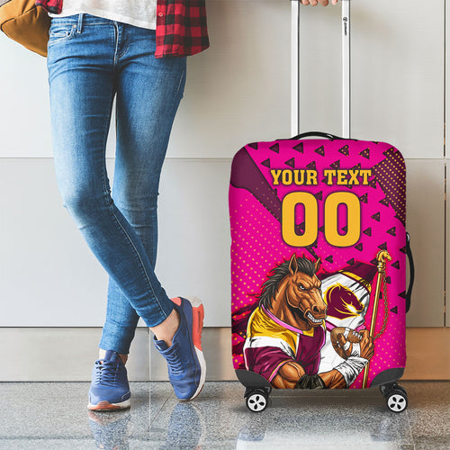 Custom Rugby Broncos Luggage Cover Muscular Horse Mascot With Flag In Pink