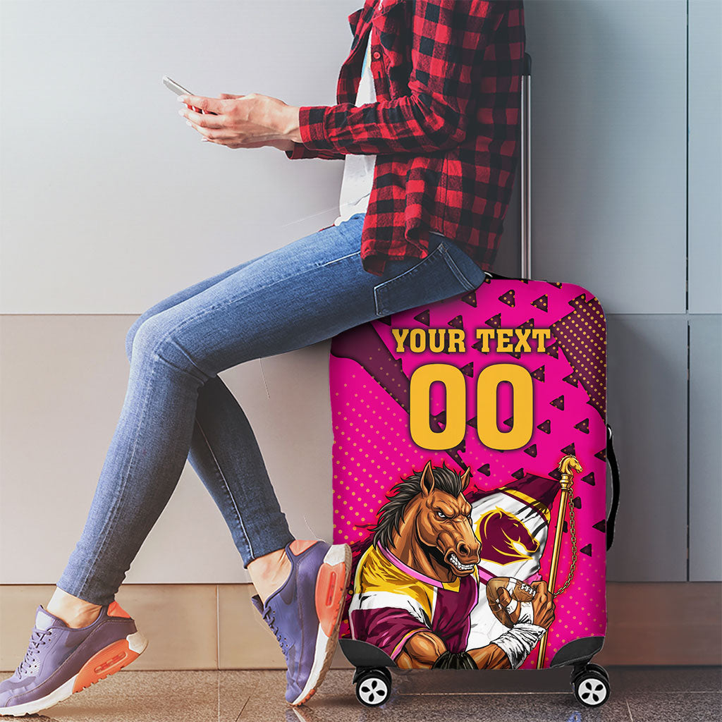 Custom Rugby Broncos Luggage Cover Muscular Horse Mascot With Flag In Pink