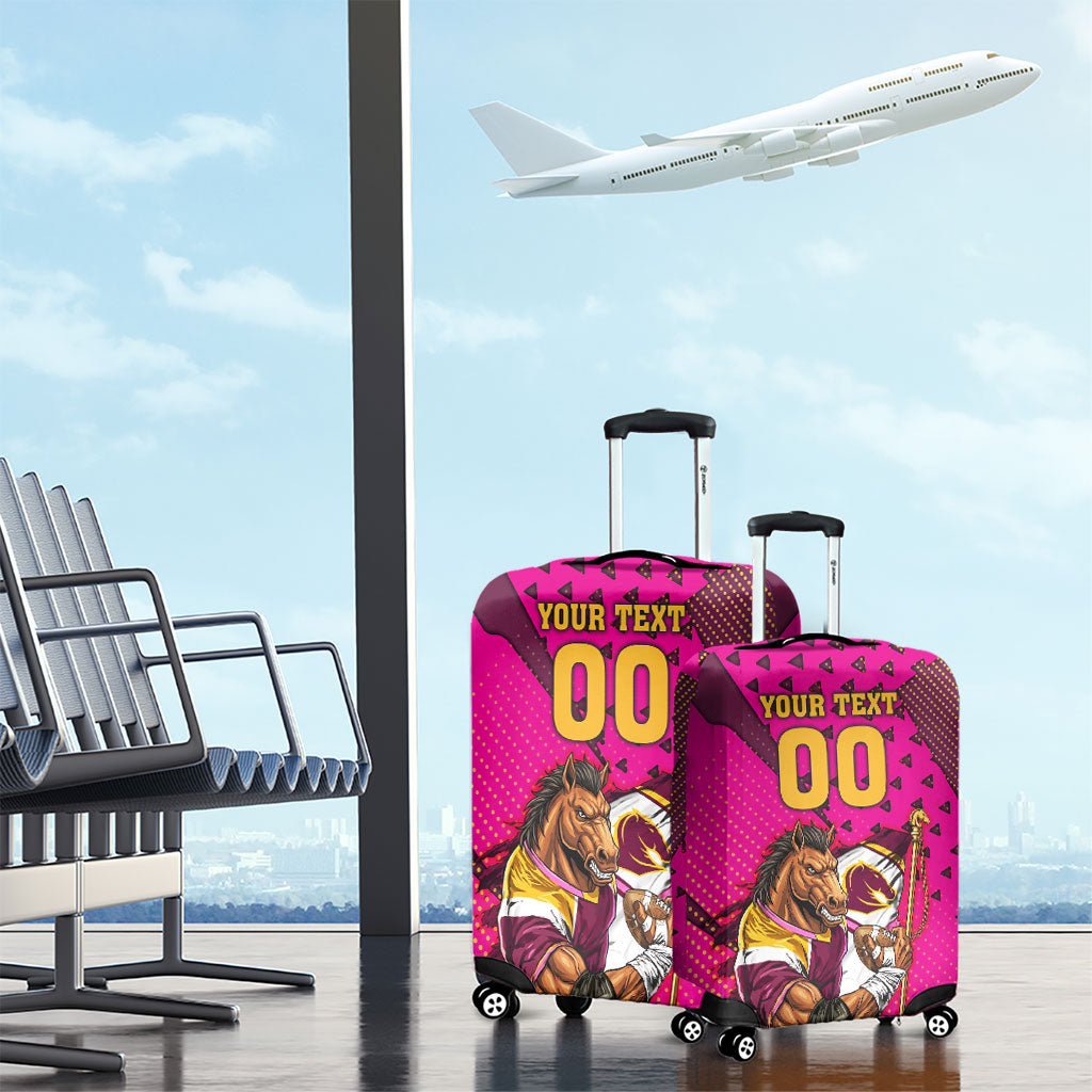 Custom Rugby Broncos Luggage Cover Muscular Horse Mascot With Flag In Pink