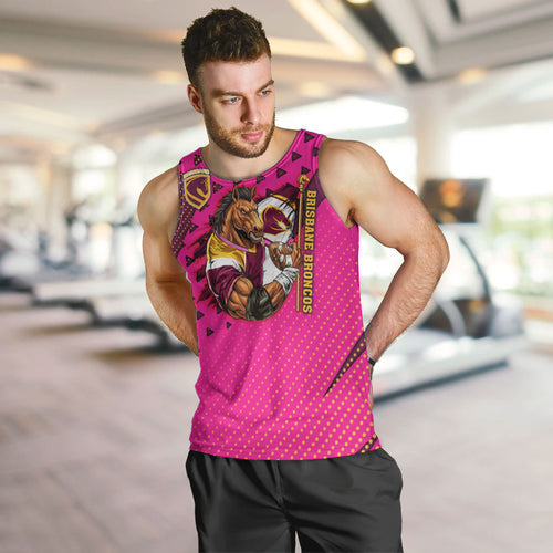 Custom Rugby Broncos Men Tank Top Muscular Horse Mascot With Flag In Pink