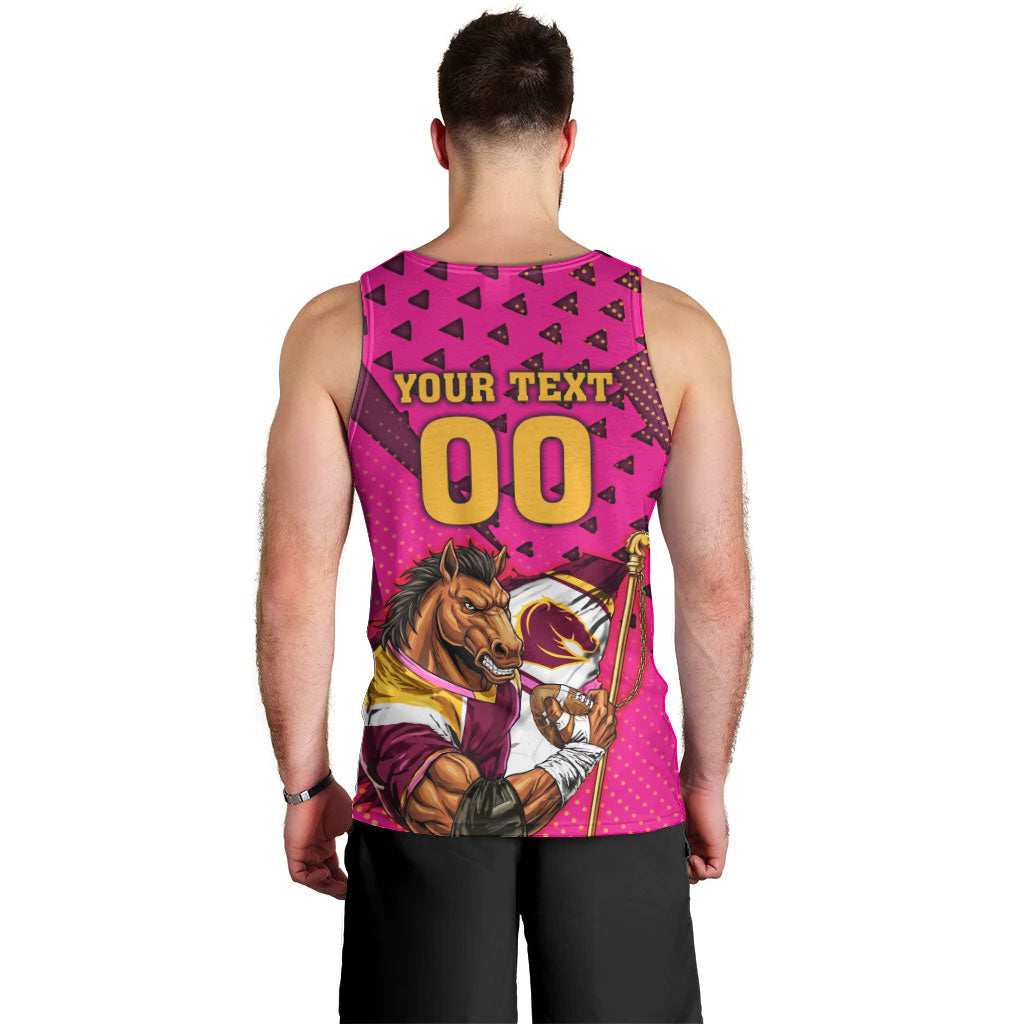 Custom Rugby Broncos Men Tank Top Muscular Horse Mascot With Flag In Pink