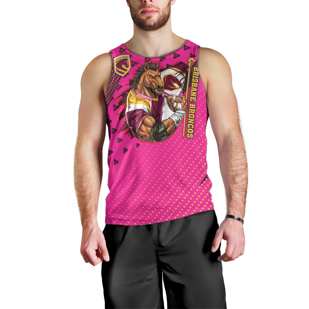 Custom Rugby Broncos Men Tank Top Muscular Horse Mascot With Flag In Pink