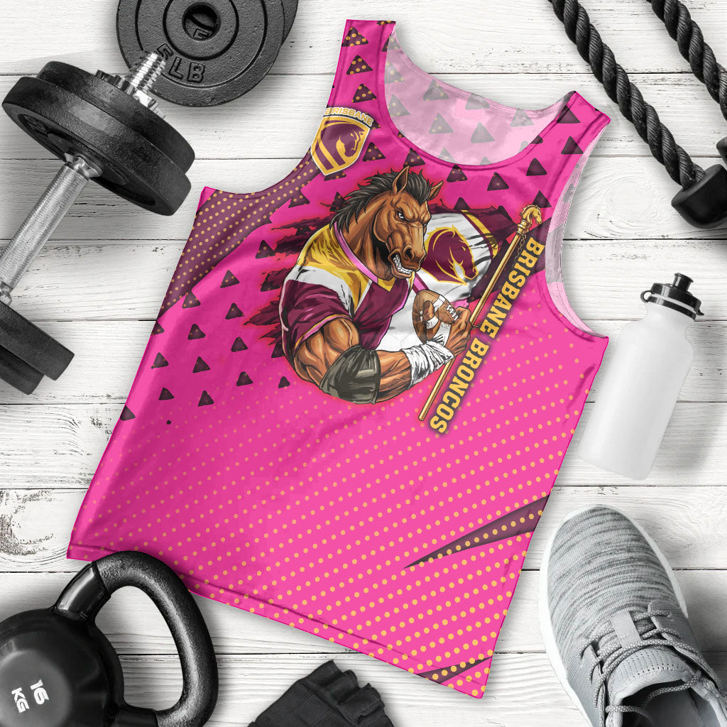 Custom Rugby Broncos Men Tank Top Muscular Horse Mascot With Flag In Pink