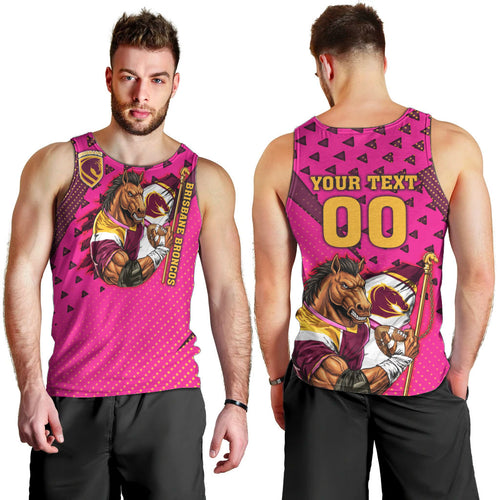Custom Rugby Broncos Men Tank Top Muscular Horse Mascot With Flag In Pink