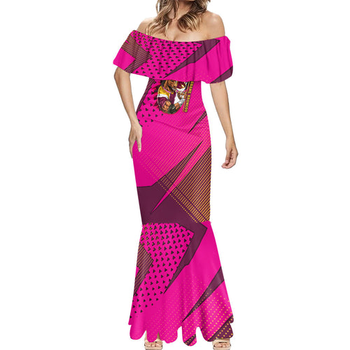 Custom Rugby Broncos Mermaid Dress Muscular Horse Mascot With Flag In Pink
