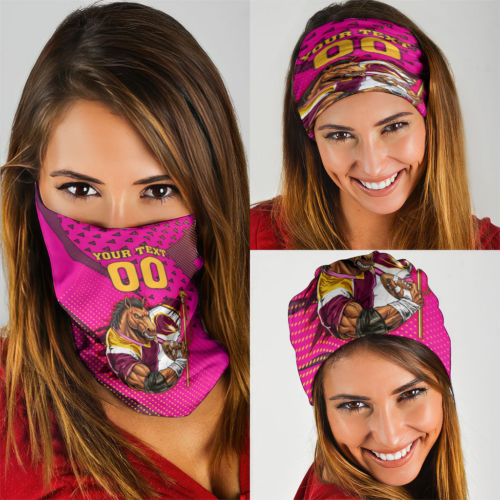 Custom Rugby Broncos Neck Gaiter Muscular Horse Mascot With Flag In Pink